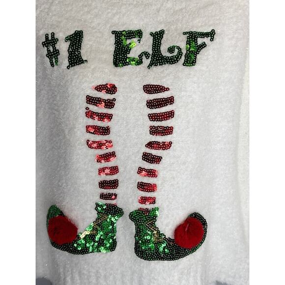 POOF Merry Christmas Sequin Elf Fuzzy Sweater White Women's Medium NWT - Picture 2 of 6